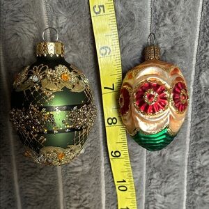 2 egg shaped puffy glass ornaments hand painted flower embossed Poland & beaded